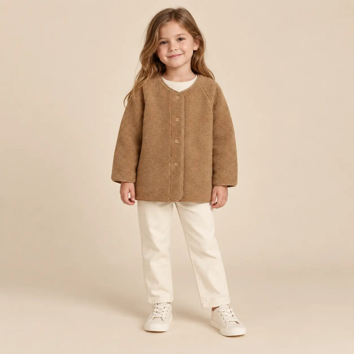 Teddy bomber jacket camel - 6Y girl lookbook pose 1
