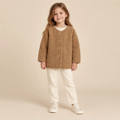 Teddy bomber jacket camel - 6Y girl lookbook pose 1