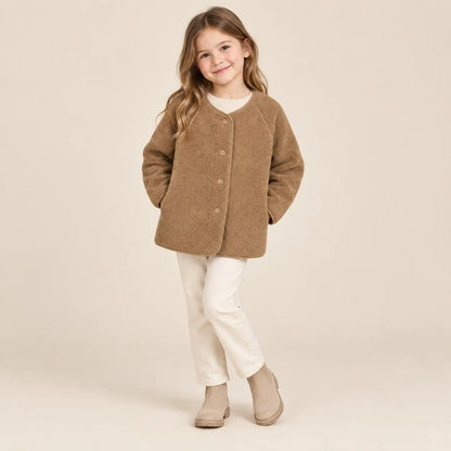 Teddy bomber jacket camel - 6Y girl lookbook pose 2