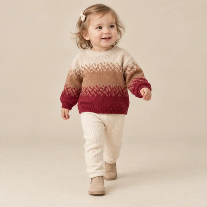 1 year girl wearing Tricolor Knitted Sweater walking pose