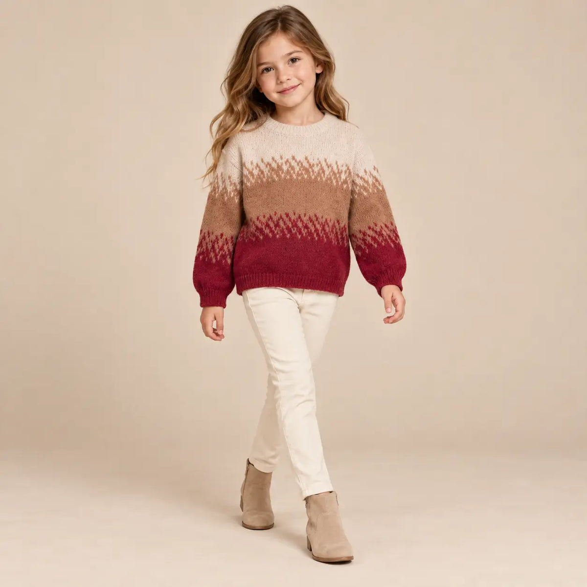 6 year girl wearing Tricolor Knitted Sweater walking pose