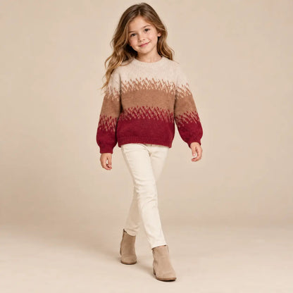 6 year girl wearing Tricolor Knitted Sweater walking pose
