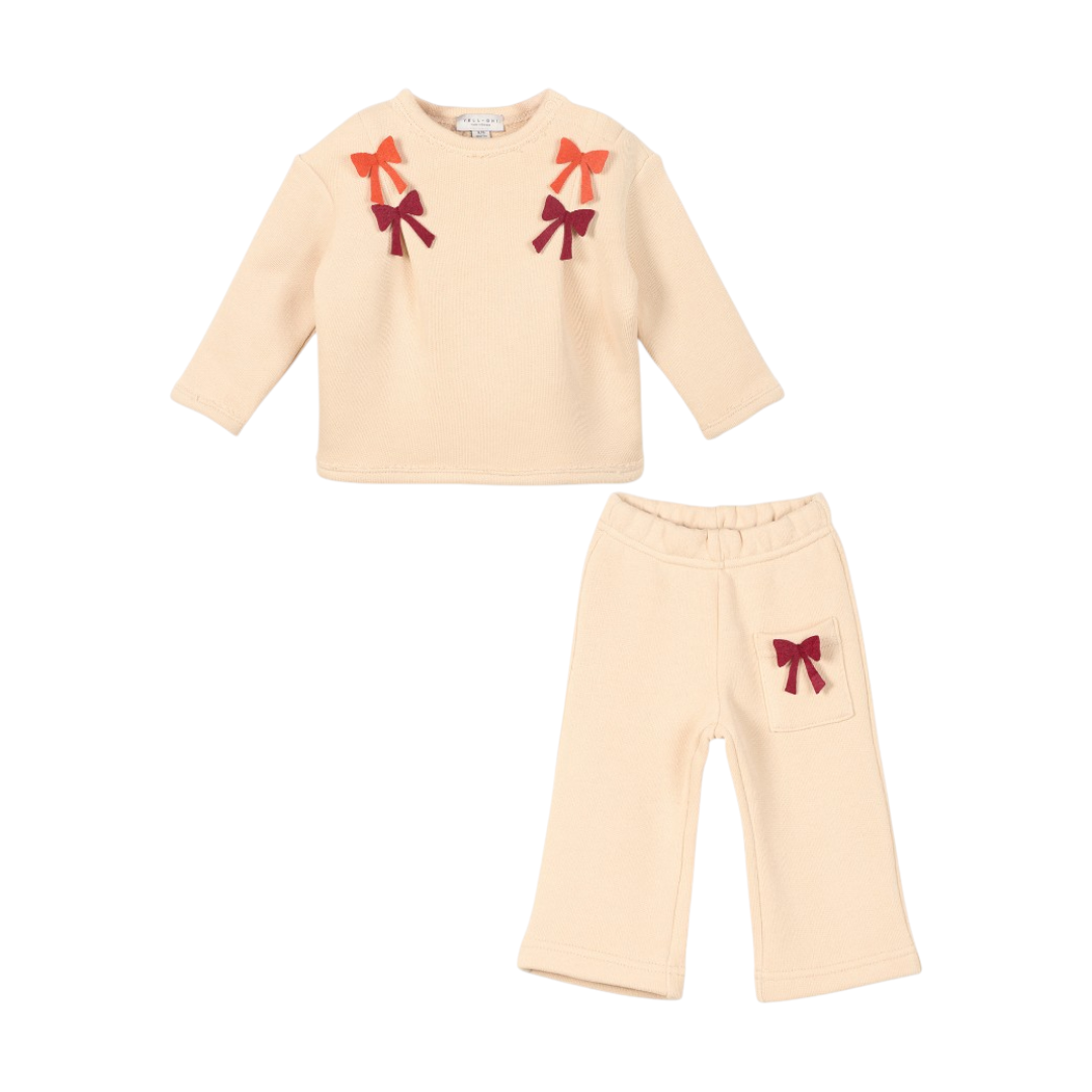 100% Organic Cotton Sweatshirt With Bows & Sweatpants - Sand