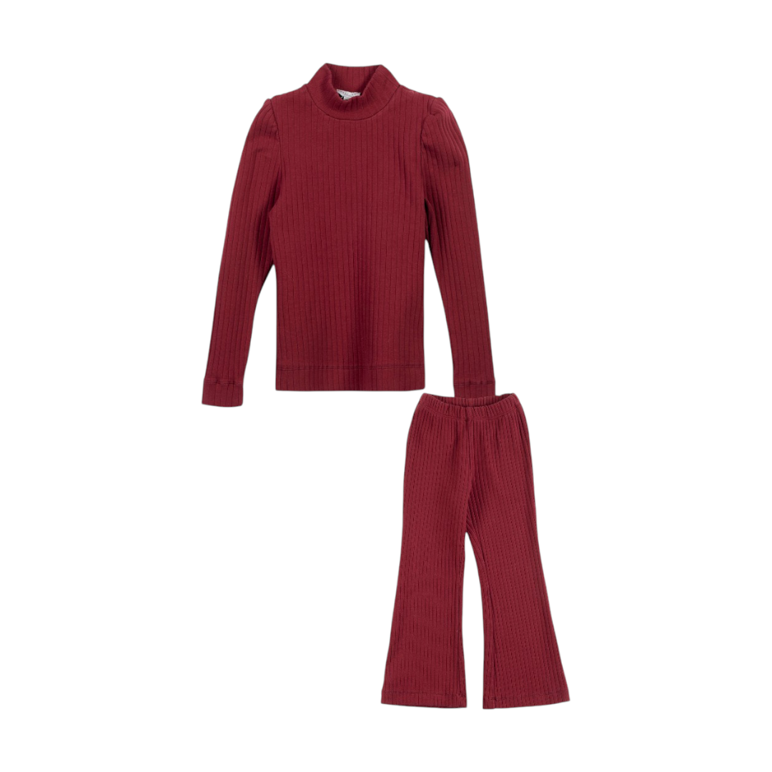 Girls Ribbed T-shirt &amp; Flared Leggings  - Burgundy