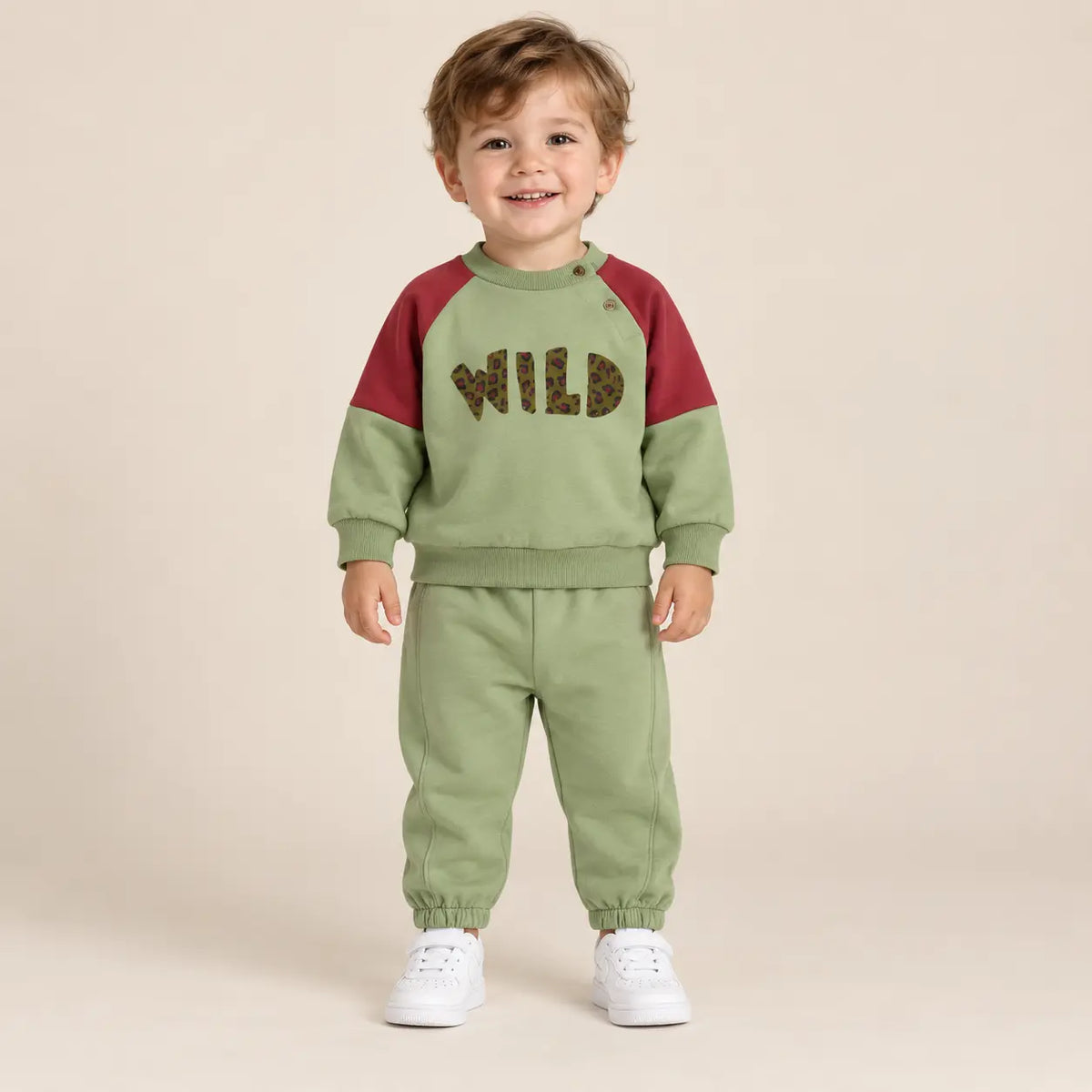 2 year boy wearing Wild Pistachio Organic Cotton Sweatshirt &amp; Sweatpants
