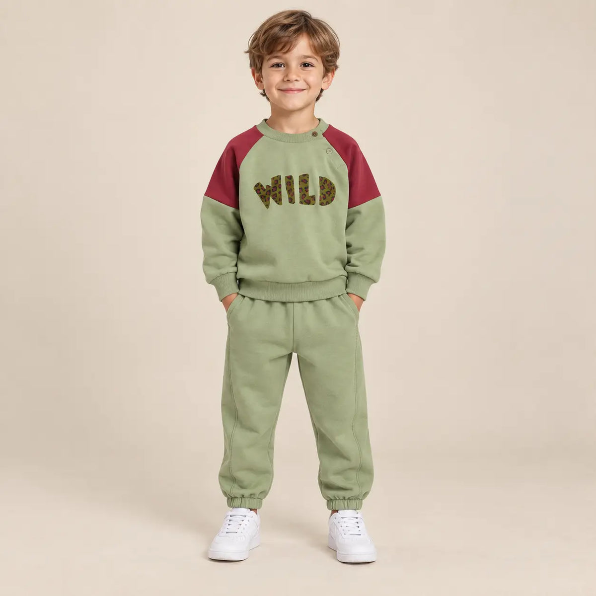 5 year boy wearing Wild Pistachio Organic Cotton Sweatshirt &amp; Sweatpants